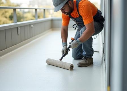 バルコニーで防水工事を行う作業員